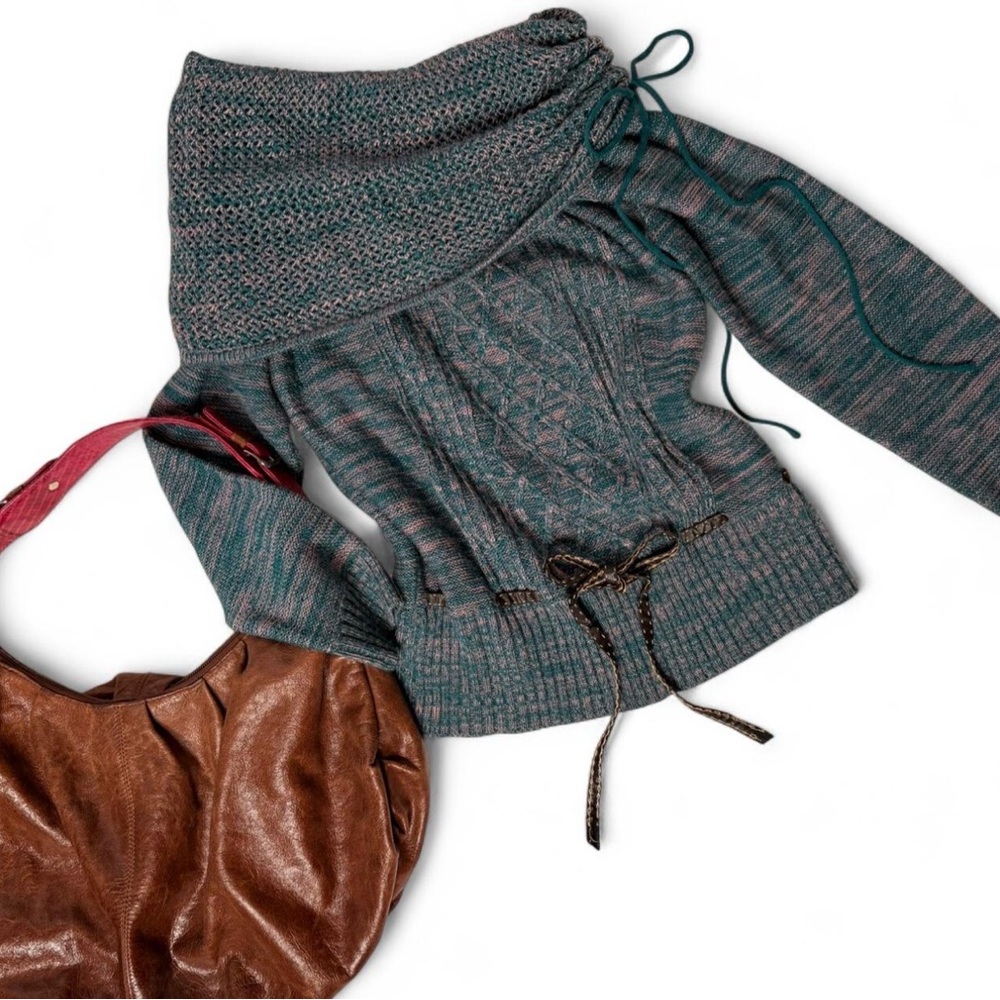 Teal + Pink Off the Shoulder Women's Sweater